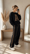 Deep Black Colour Women's Co-Ord Set with Leapord Print