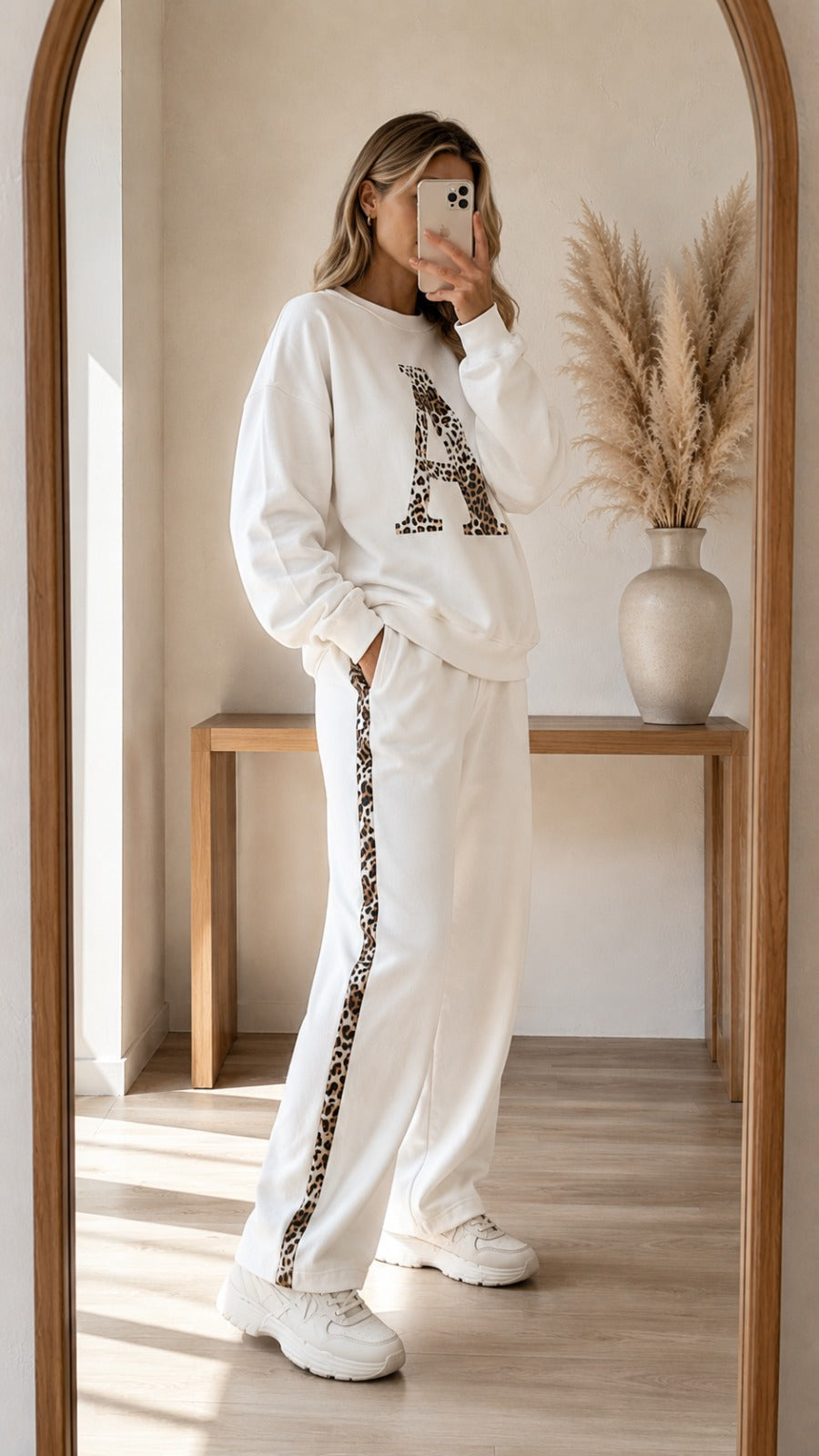 Cloud White Colour Women's Co-Ord Set with Leapord Print