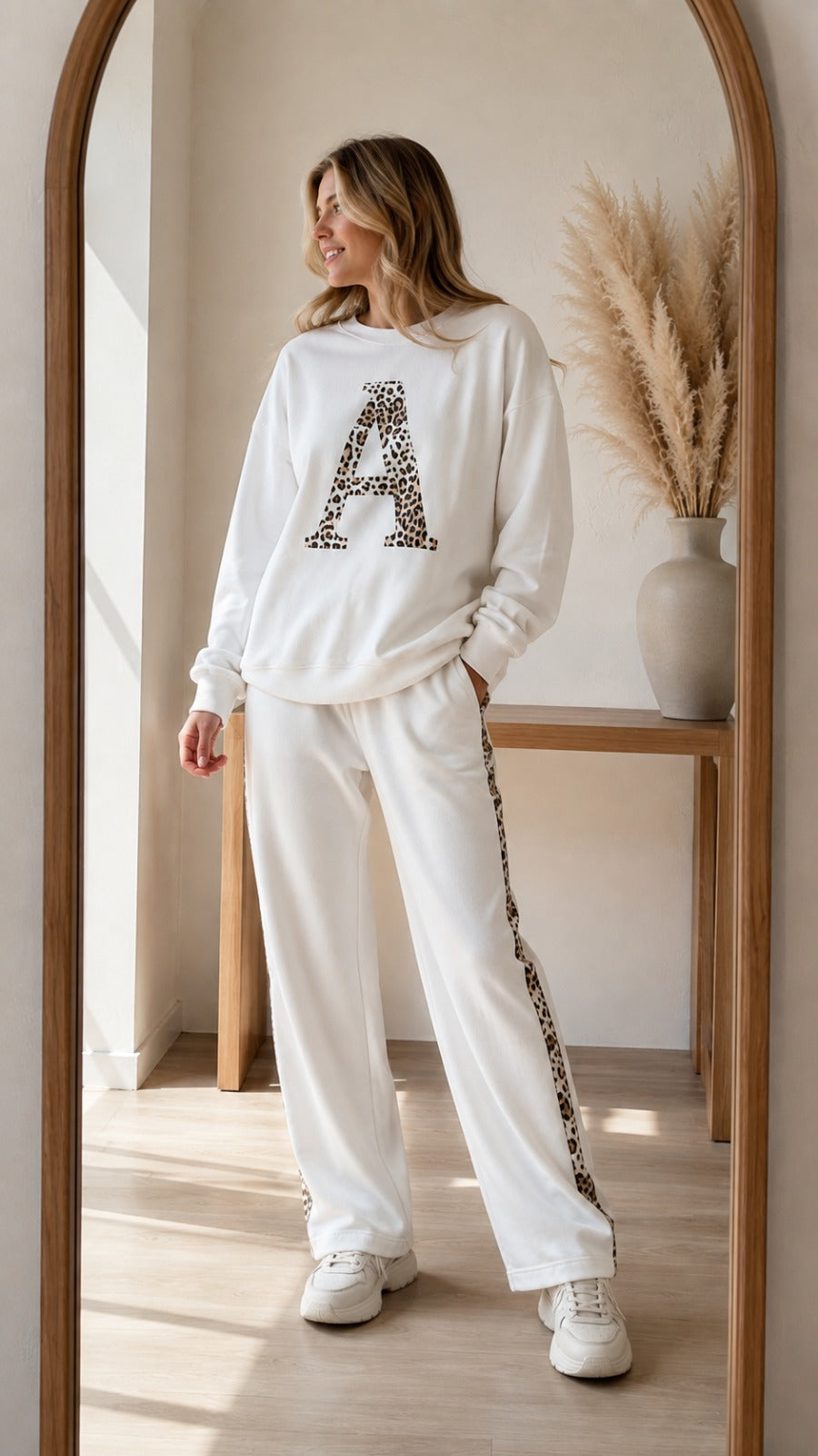 Cloud White Colour Women's Co-Ord Set with Leapord Print