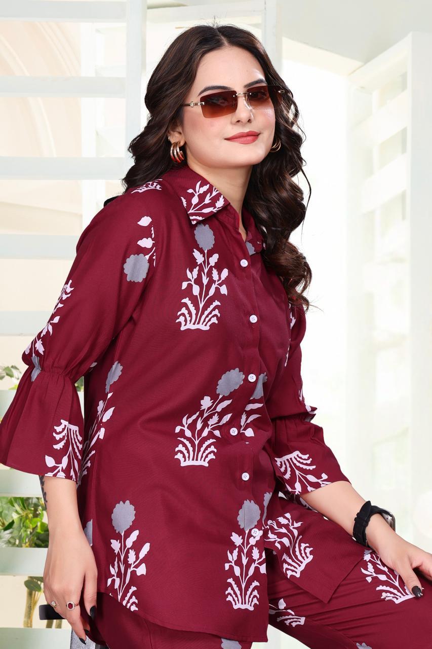 ARENIVA - Burgundy Colour Women's Comfortable Co-Ord Set