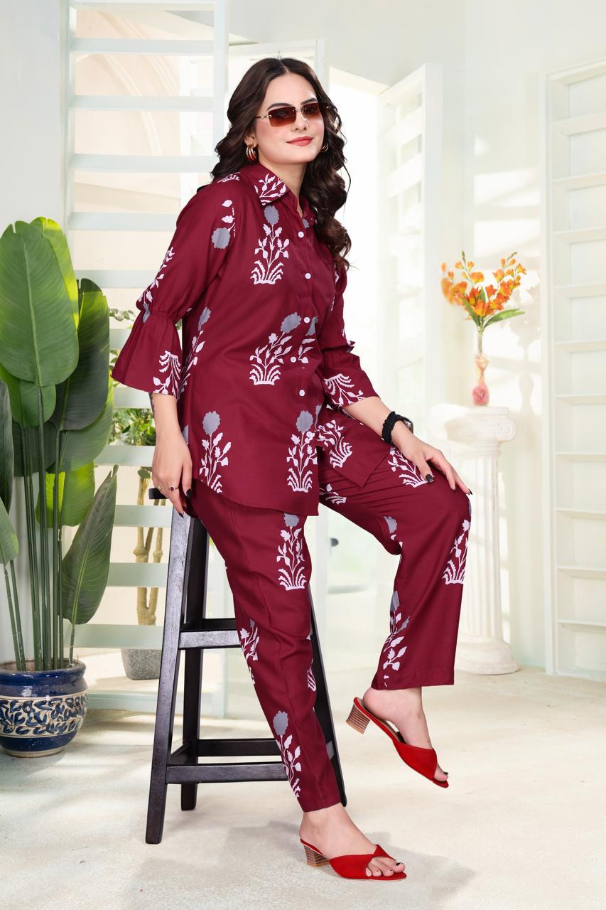 ARENIVA - Burgundy Colour Women's Comfortable Co-Ord Set