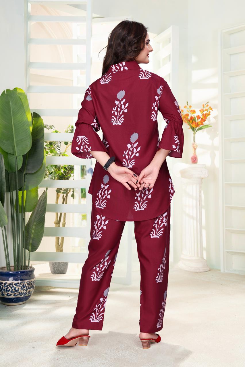 ARENIVA - Burgundy Colour Women's Comfortable Co-Ord Set