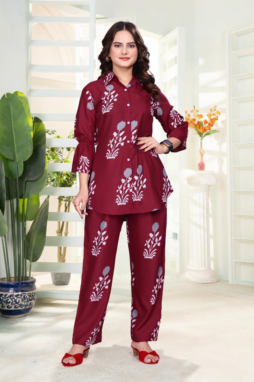 ARENIVA - Burgundy Colour Women's Comfortable Co-Ord Set