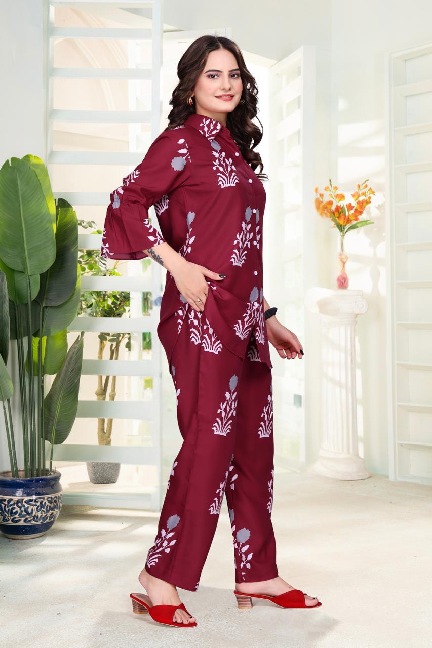 ARENIVA - Burgundy Colour Women's Comfortable Co-Ord Set