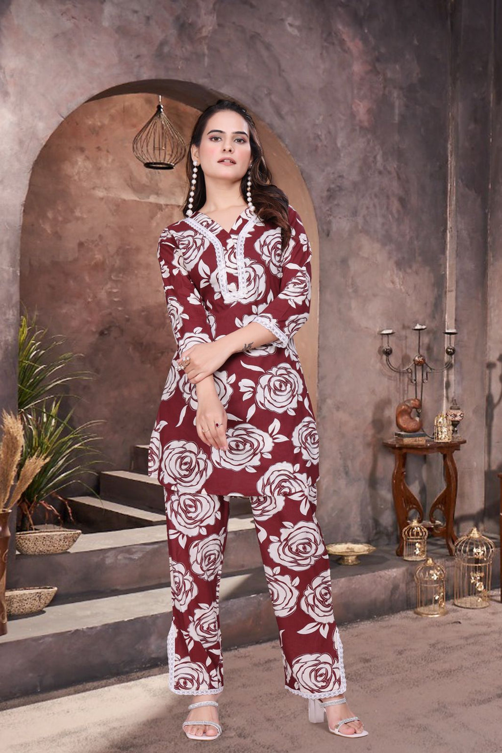 ARENIVA - Burgundy Colour Premium Co-Ord Set for Women