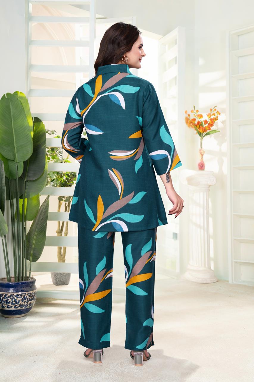 Teal Leaf Print Women’s Co-ord Set