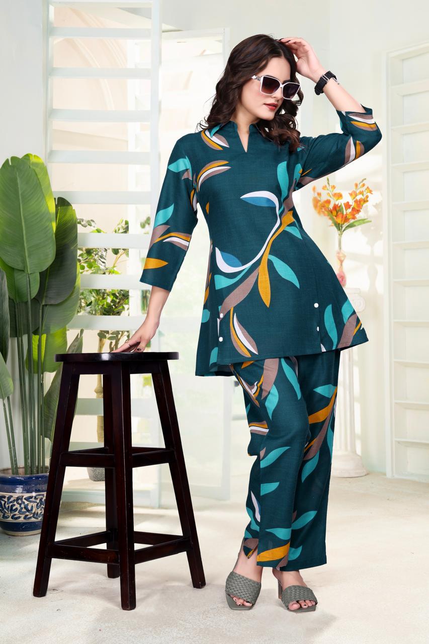 Teal Leaf Print Women’s Co-ord Set