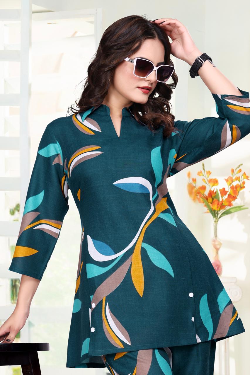 Teal Leaf Print Women’s Co-ord Set