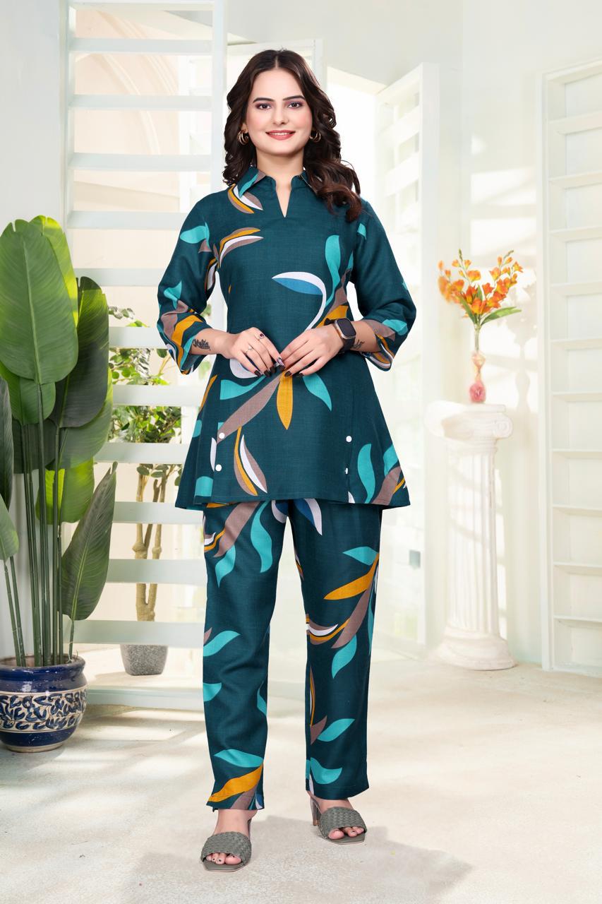 Teal Leaf Print Women’s Co-ord Set