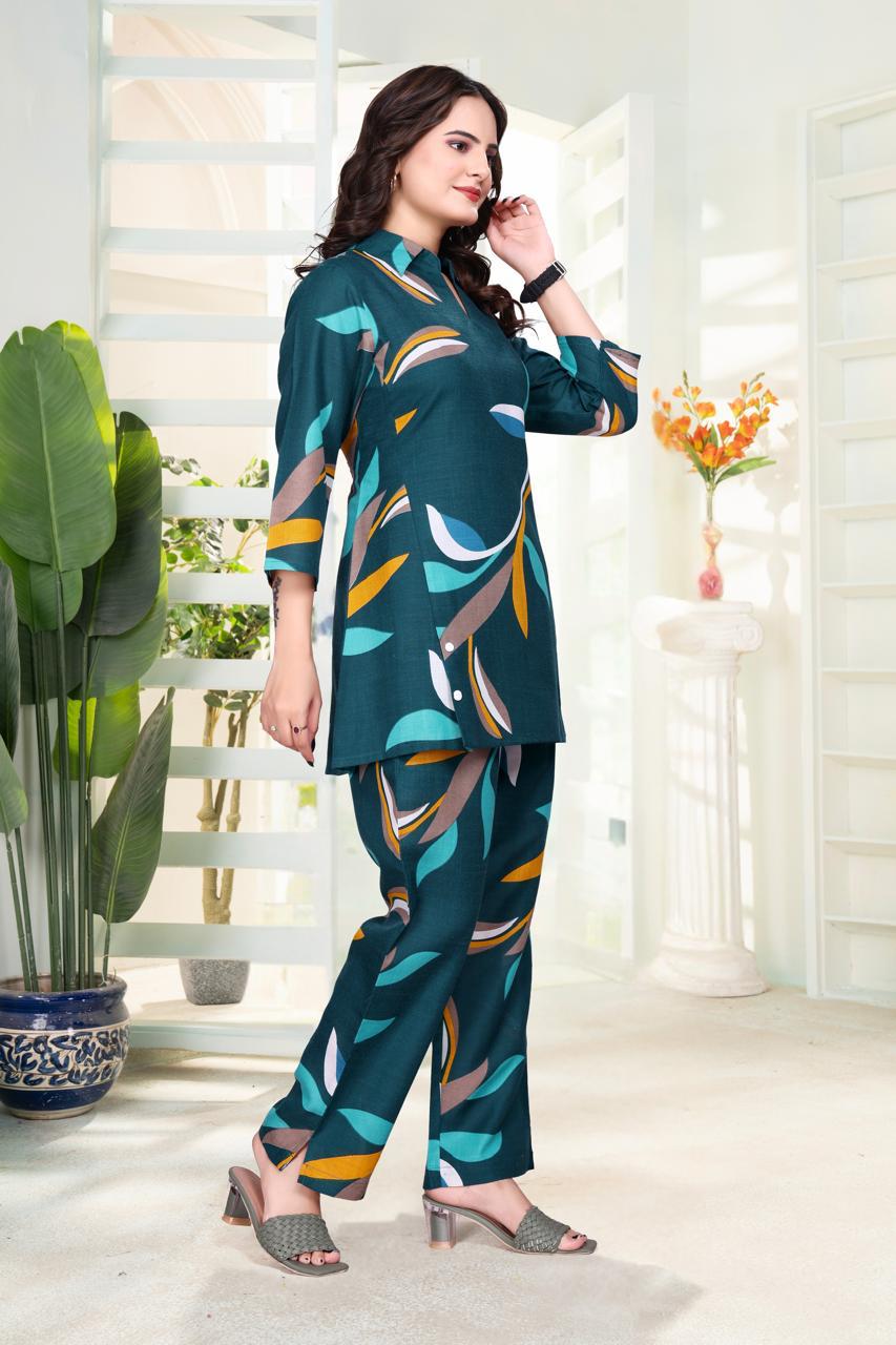 Teal Leaf Print Women’s Co-ord Set