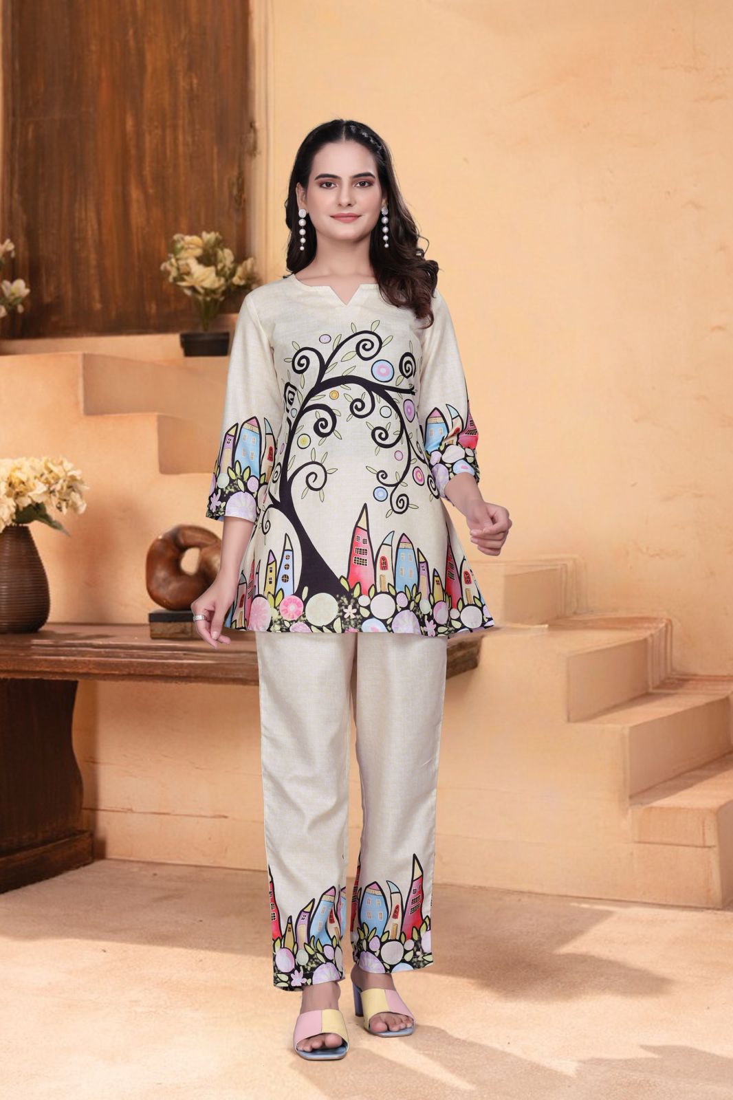 Beige Colour Abstract Print Women’s Designer Co-ord Set