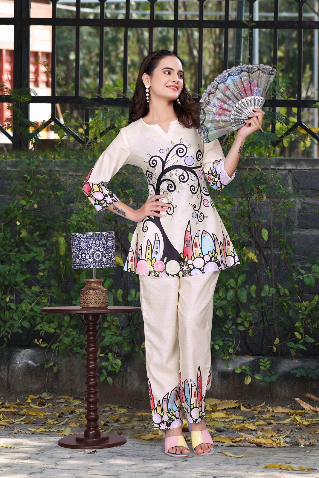 Beige Colour Abstract Print Women’s Designer Co-ord Set
