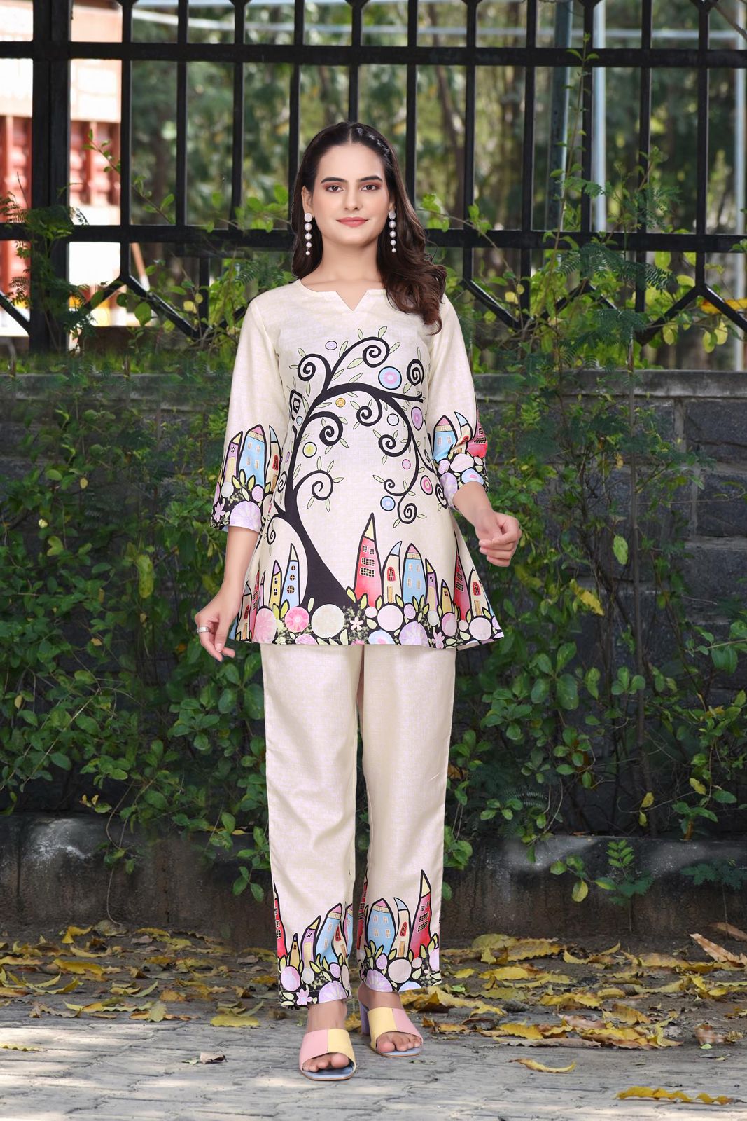 Beige Colour Abstract Print Women’s Designer Co-ord Set
