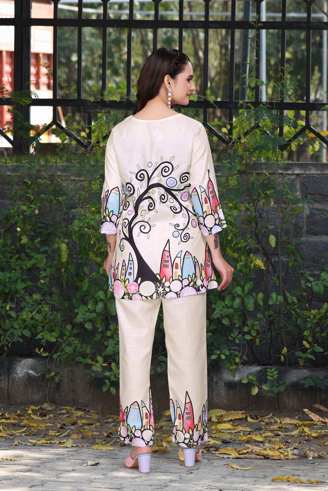 Beige Colour Abstract Print Women’s Designer Co-ord Set