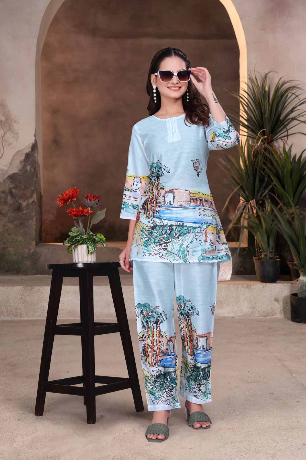 Baby Blue Scenic Print Women’s Designer Co-ord Set