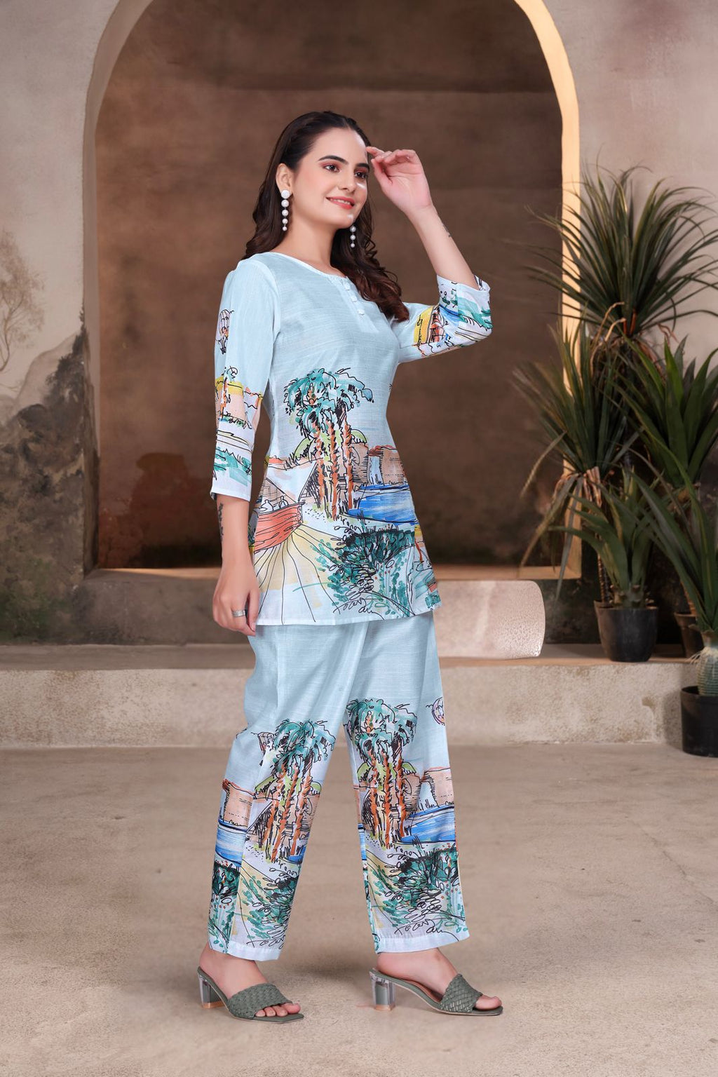 Baby Blue Scenic Print Women’s Designer Co-ord Set