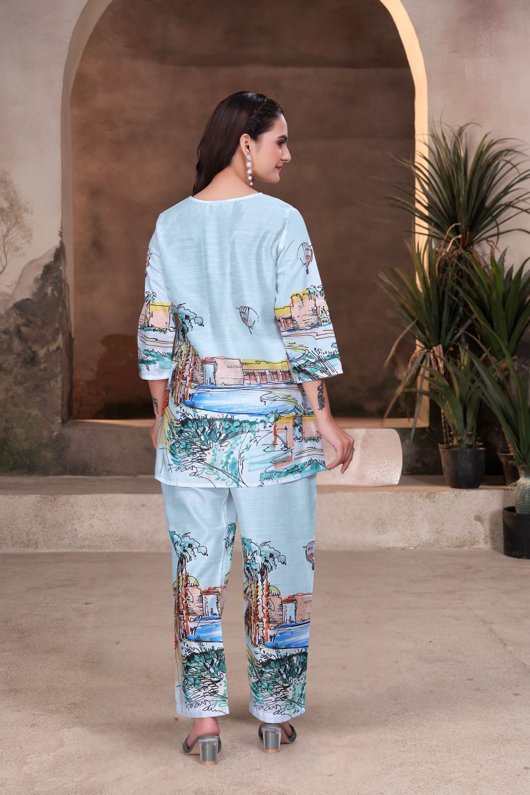 Baby Blue Scenic Print Women’s Designer Co-ord Set