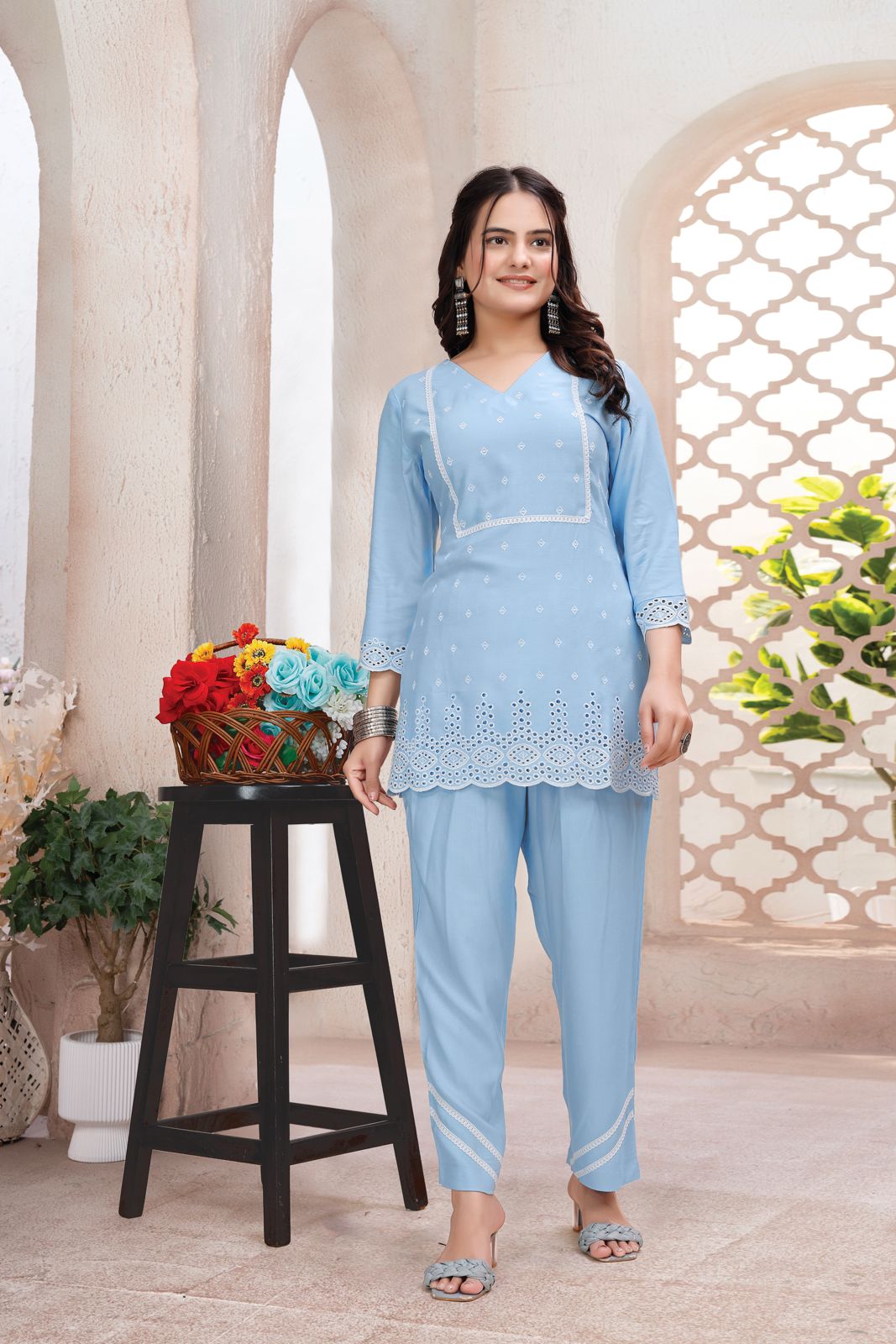 Sky Blue Colour Women's Comfortable Rayon Co-Ord Set