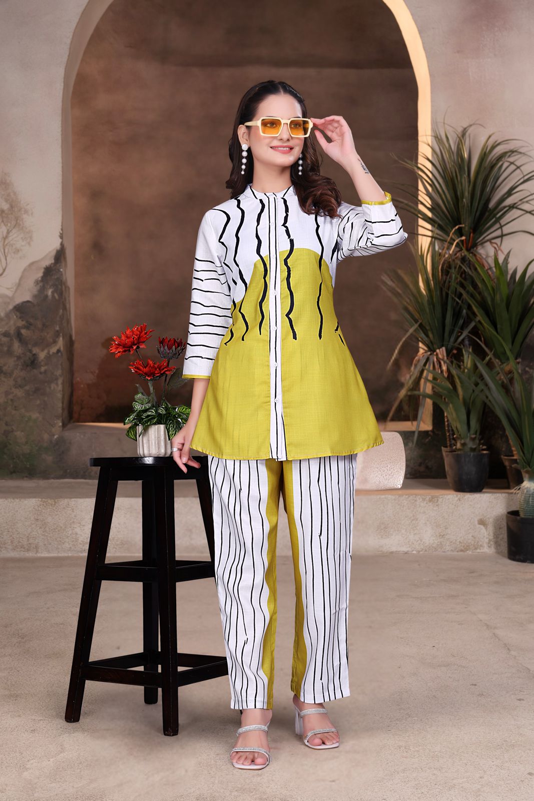 Yellow & White Striped Women’s Designer Co-ord Set