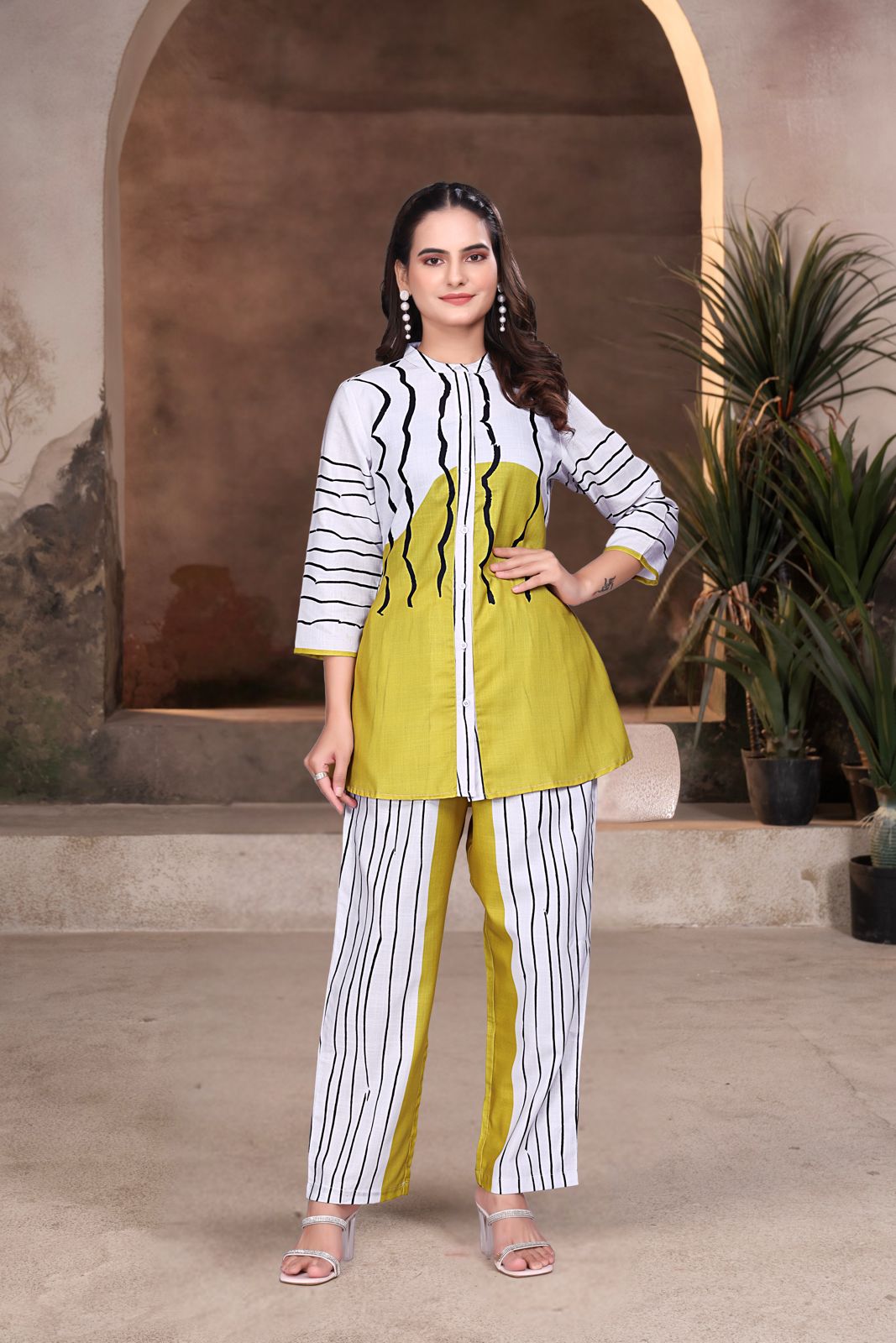 Yellow & White Striped Women’s Designer Co-ord Set