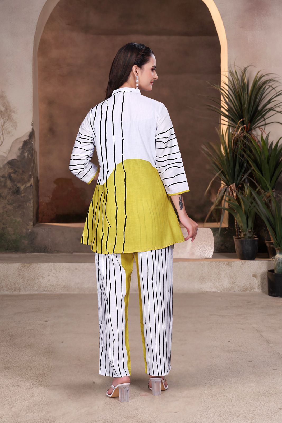 Yellow & White Striped Women’s Designer Co-ord Set