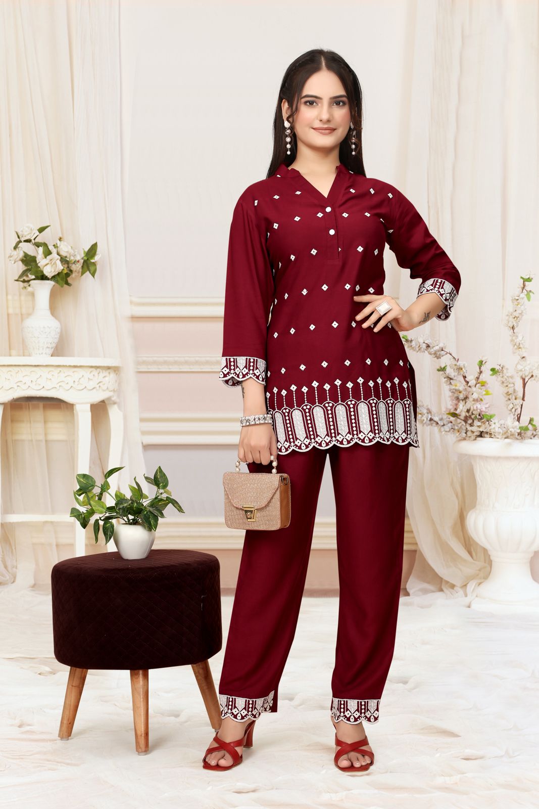 Wine Red Viscose Rayon Designer Co-ord Set for Women