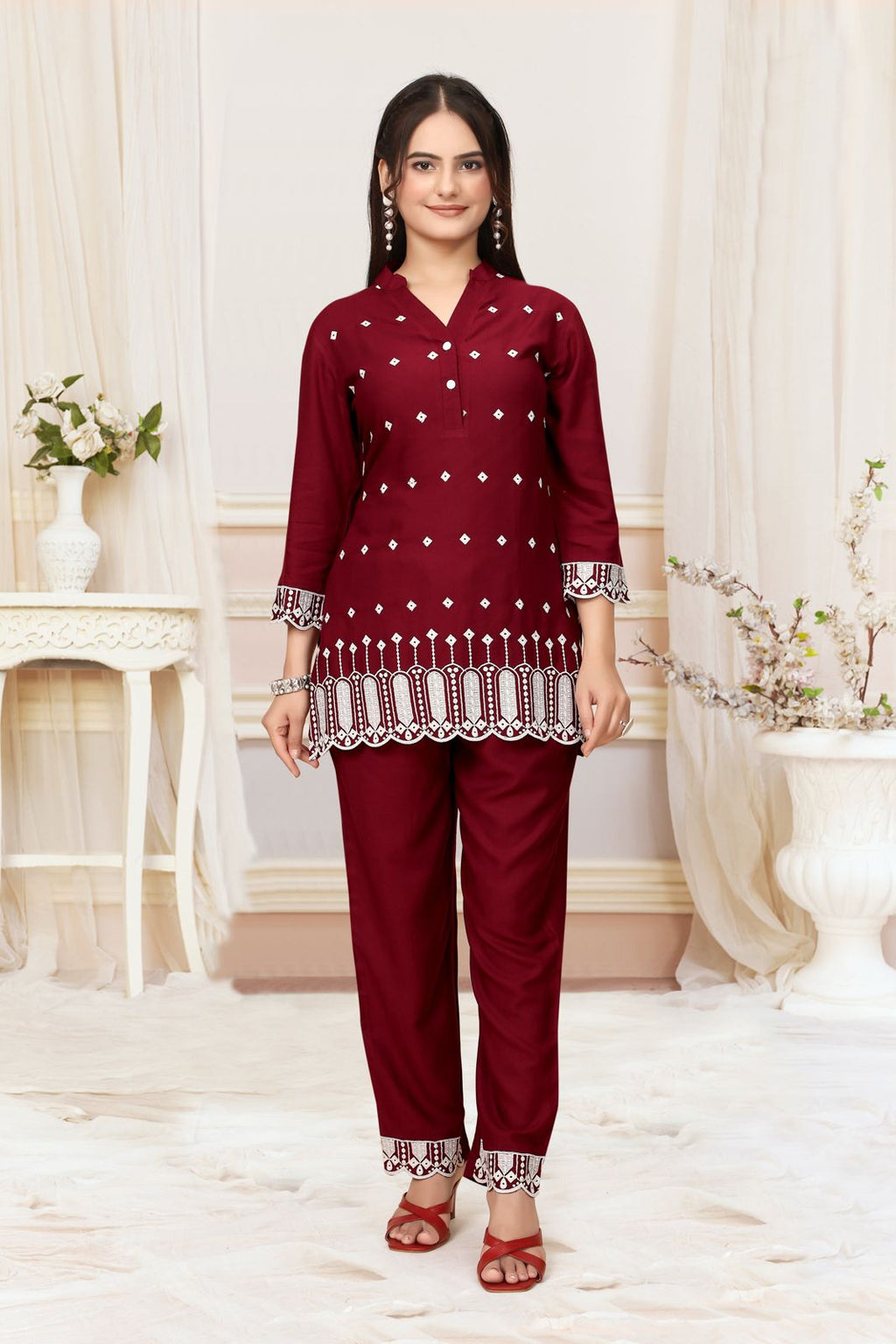 Wine Red Viscose Rayon Designer Co-ord Set for Women