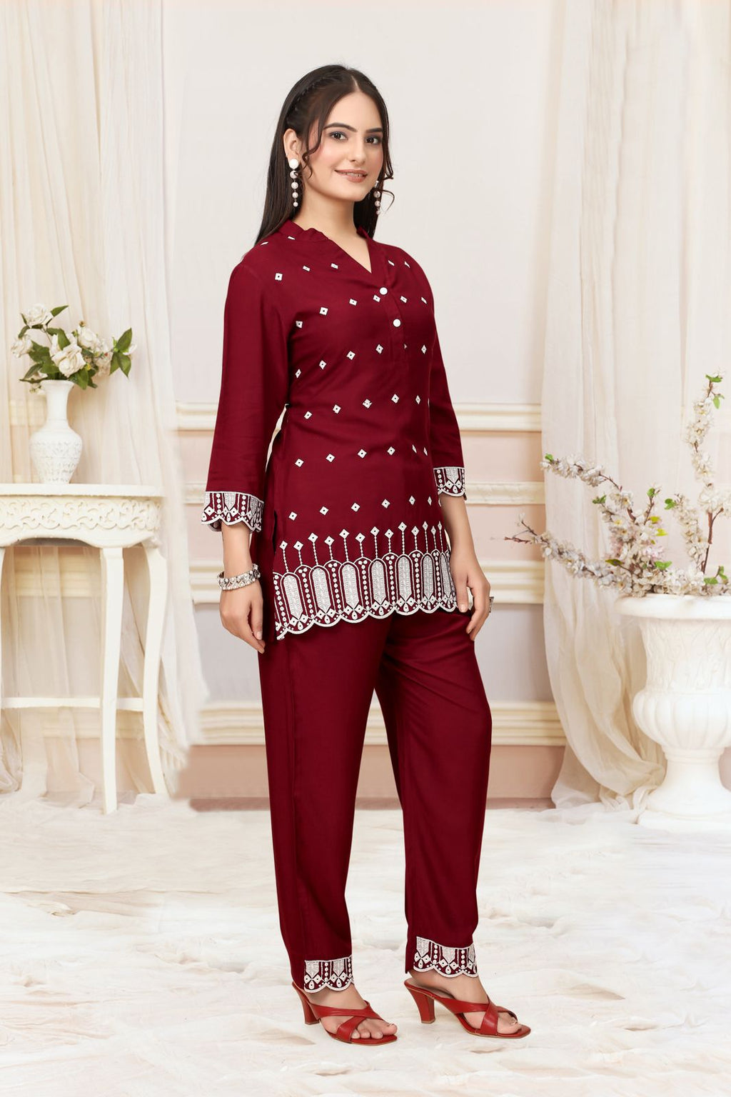 Wine Red Viscose Rayon Designer Co-ord Set for Women