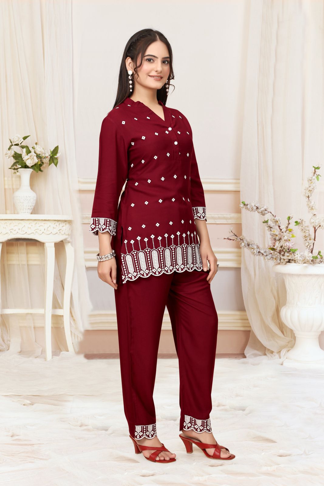 Wine Red Viscose Rayon Designer Co-ord Set for Women