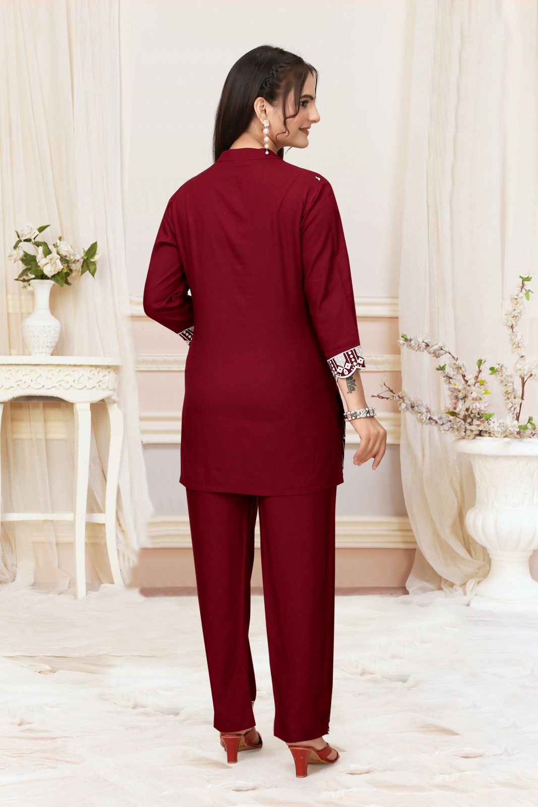 Wine Red Viscose Rayon Designer Co-ord Set for Women