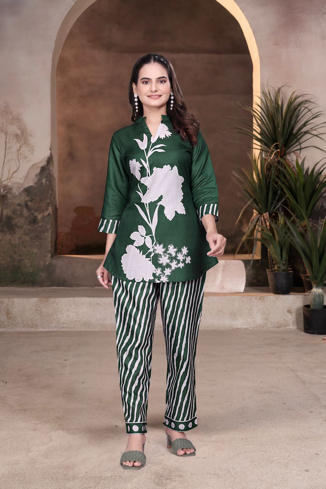 Basil Green Designer Co-ord Set for Women with Graphic Print