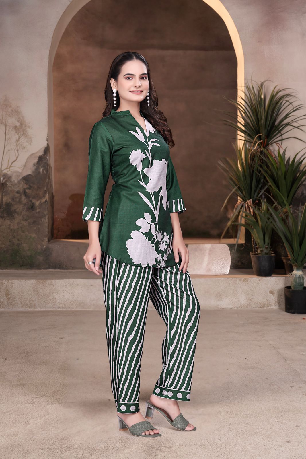 Basil Green Designer Co-ord Set for Women with Graphic Print
