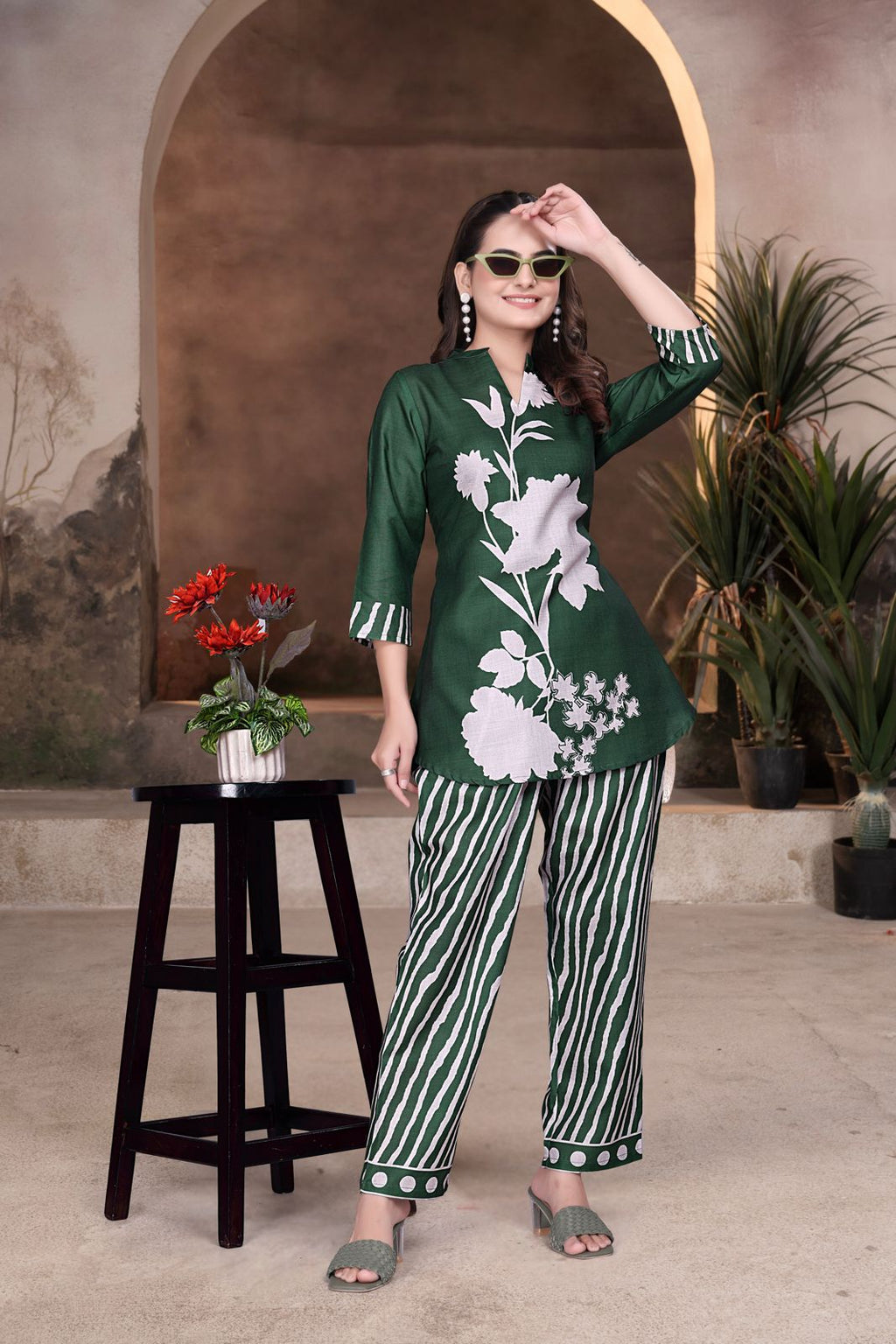 Basil Green Designer Co-ord Set for Women with Graphic Print
