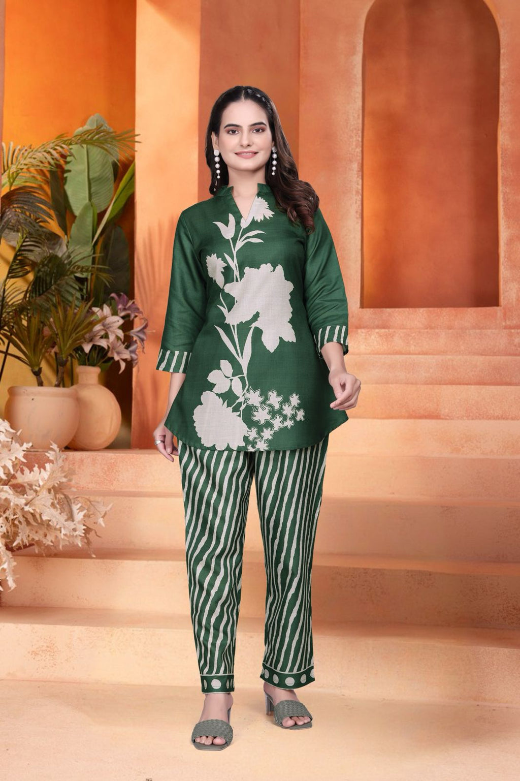Basil Green Designer Co-ord Set for Women with Graphic Print