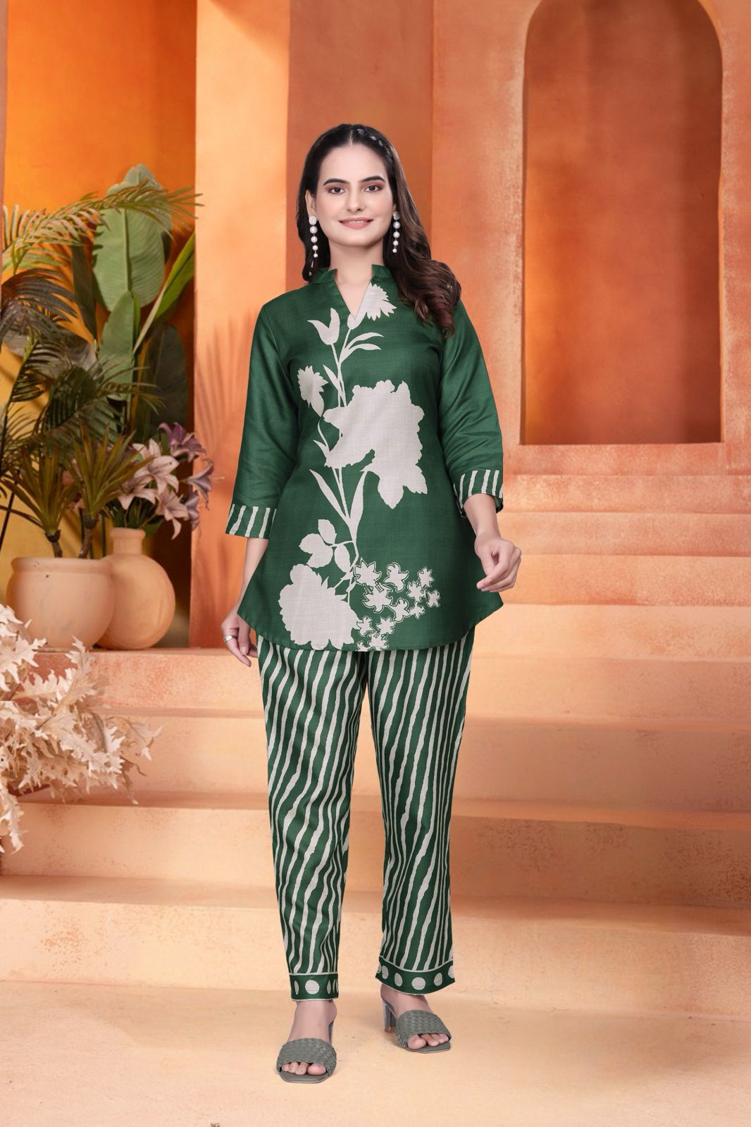 Basil Green Designer Co-ord Set for Women with Graphic Print