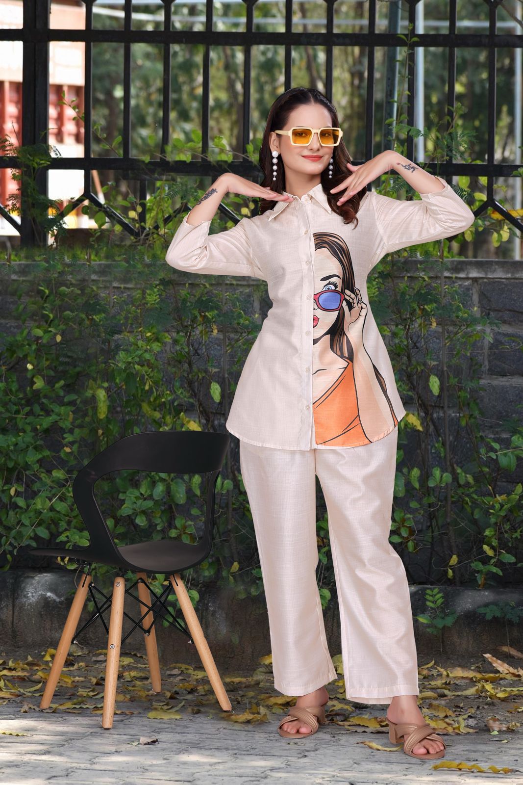 Beige Designer Co-ord Set for Women with Graphic Print