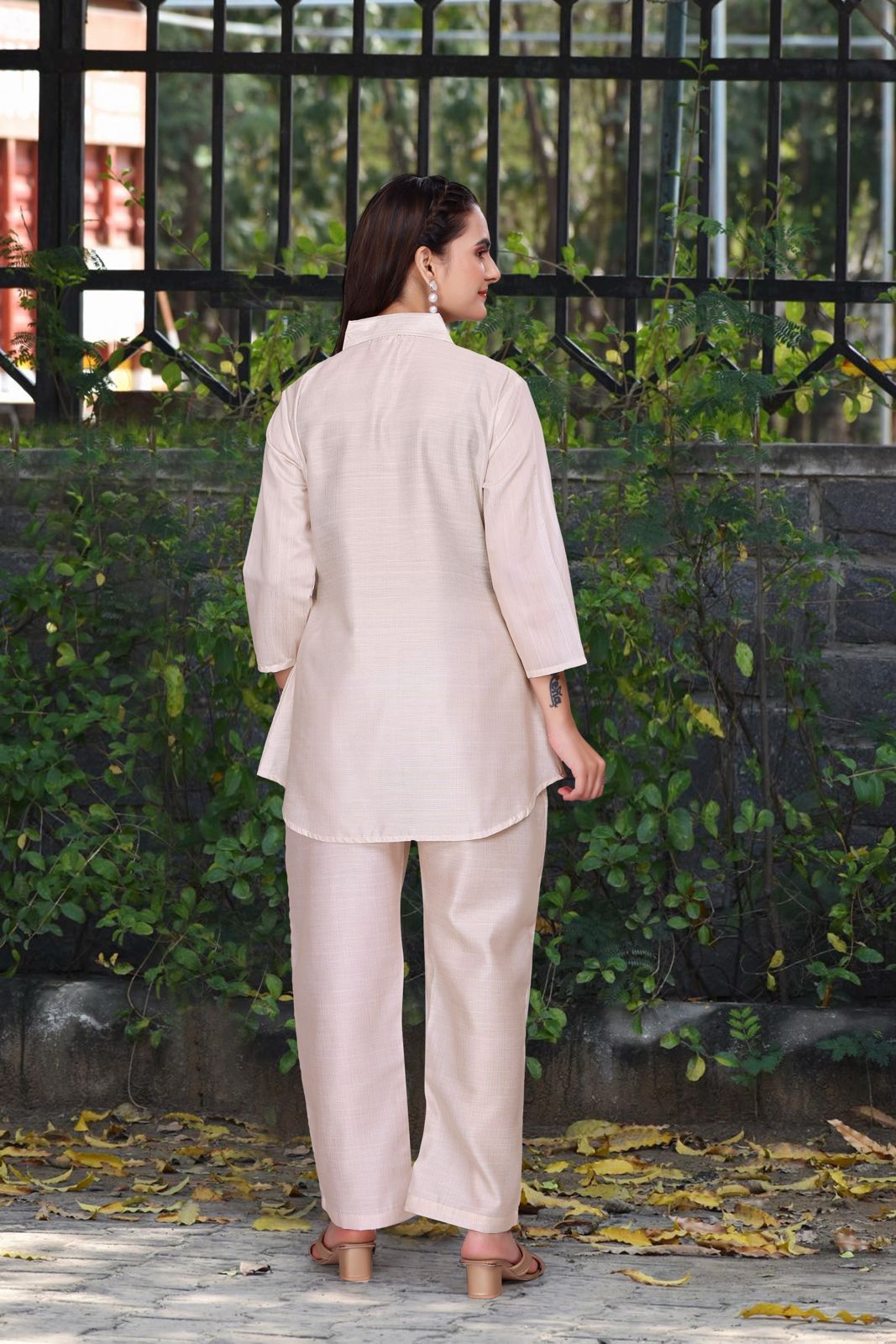 Beige Designer Co-ord Set for Women with Graphic Print