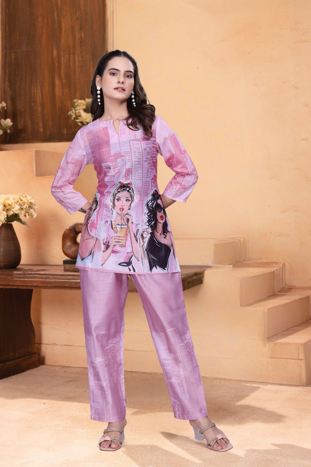 Dark Pink Designer Co-ord Set for Women with Graphic Print
