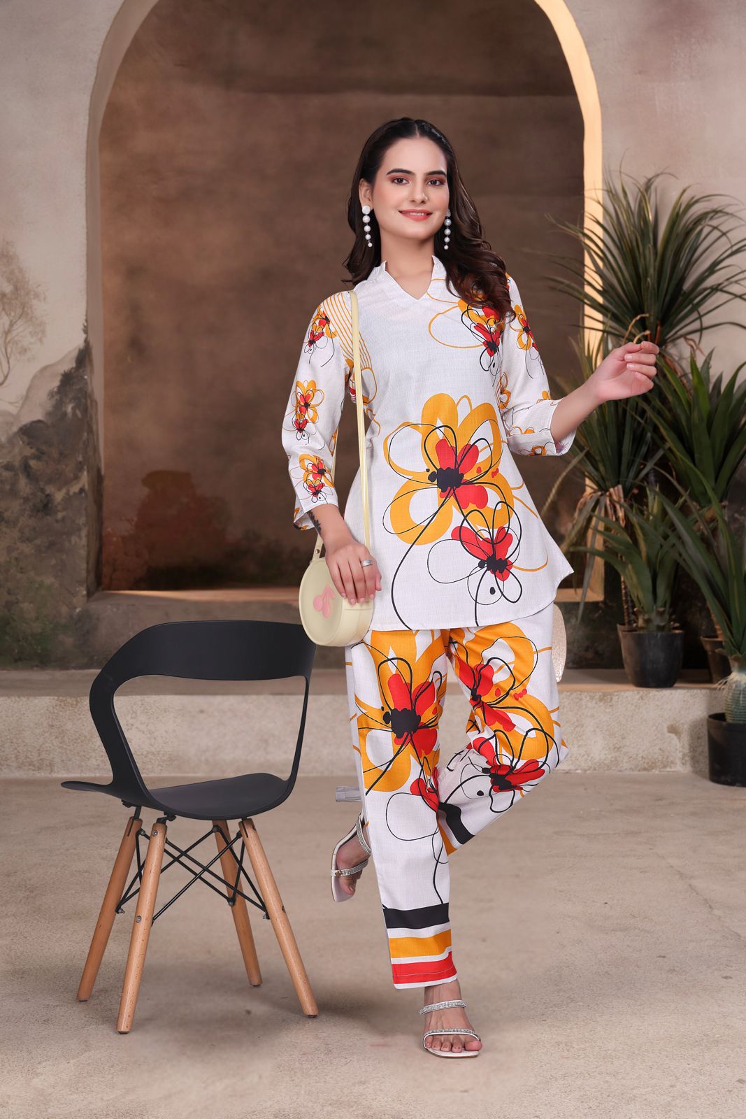 White Graphic Printed Viscose Rayon Co-ord Set for Women
