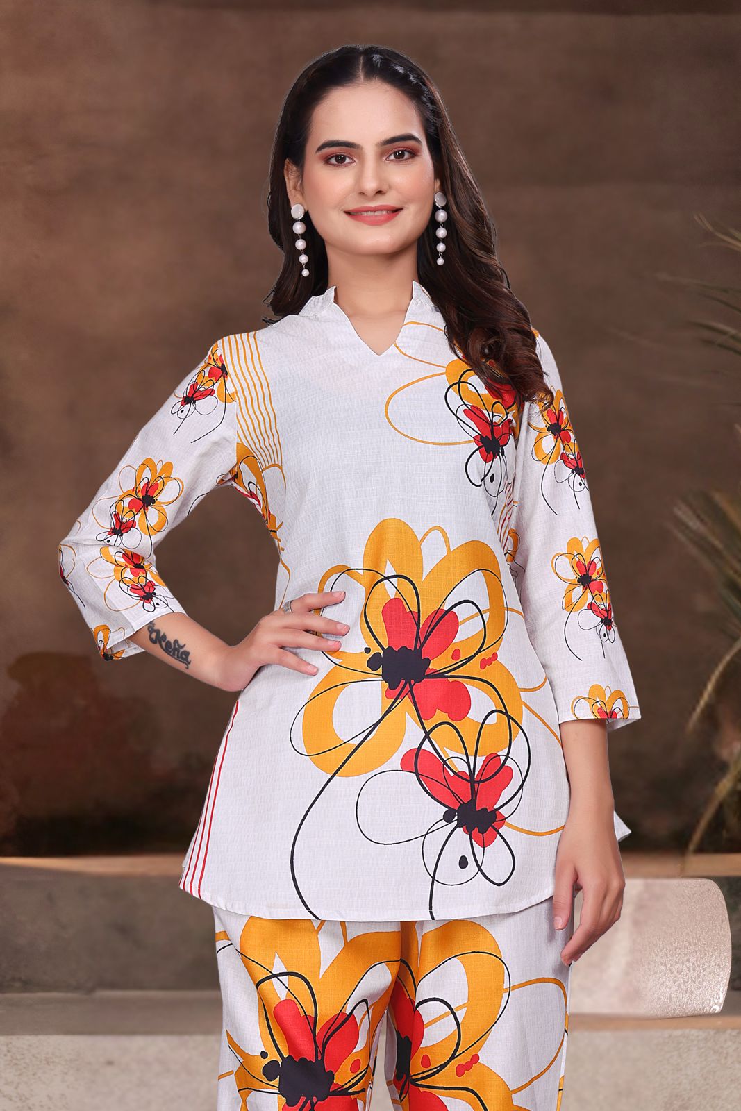 White Graphic Printed Viscose Rayon Co-ord Set for Women