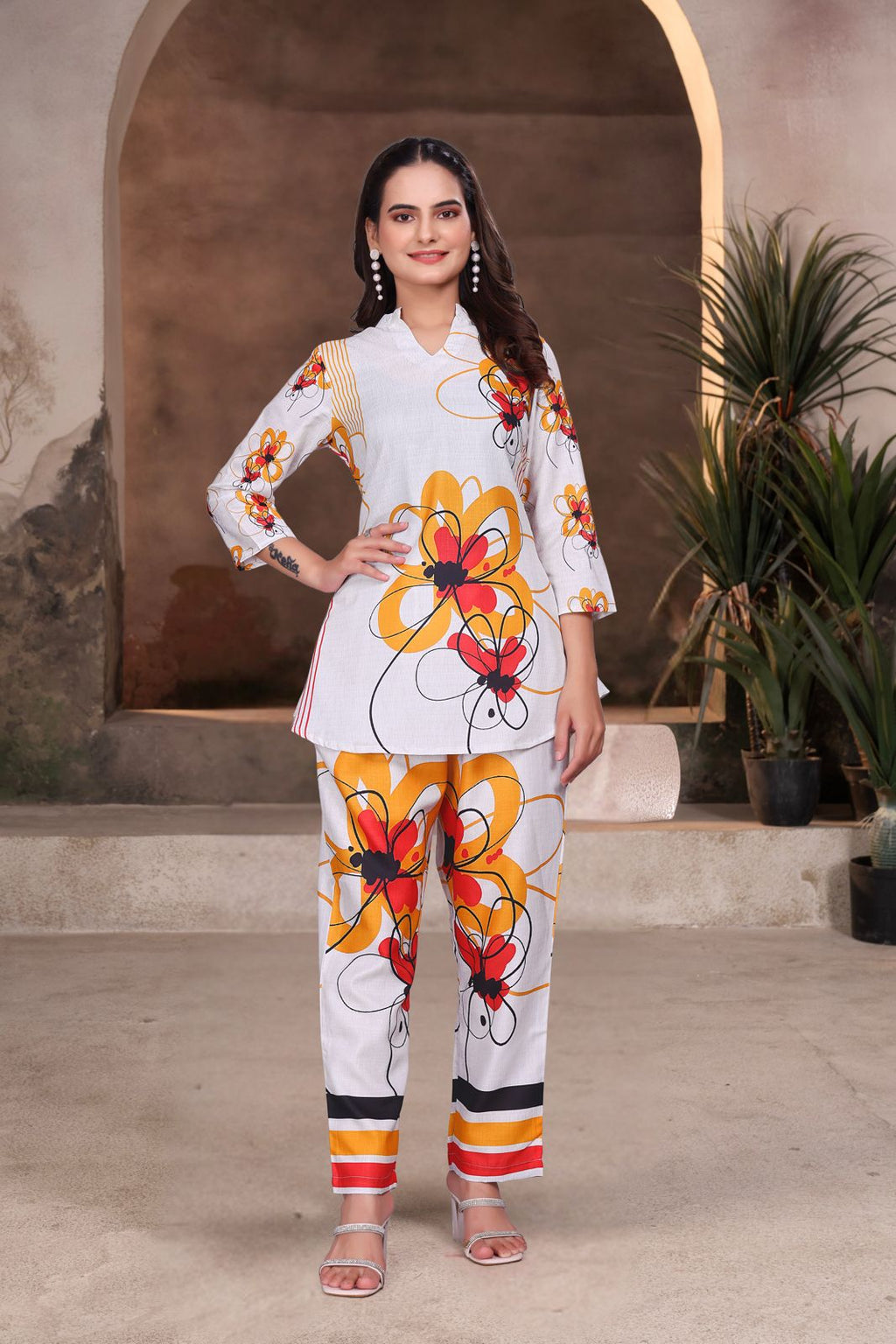 White Graphic Printed Viscose Rayon Co-ord Set for Women