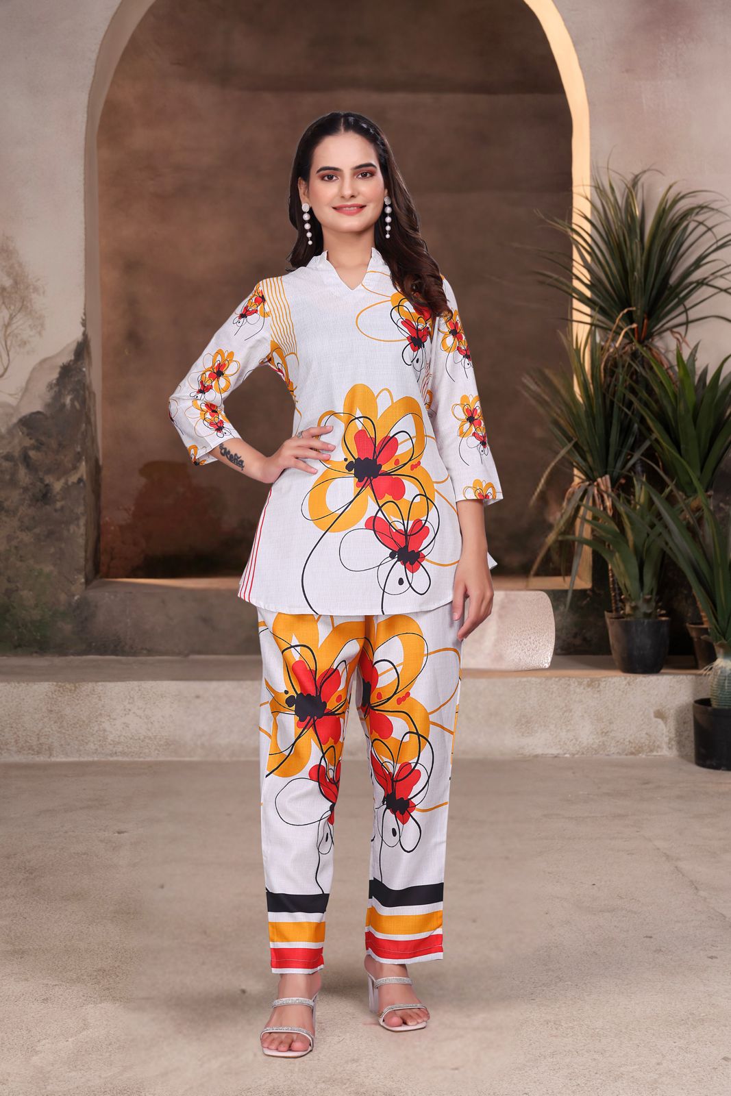 White Graphic Printed Viscose Rayon Co-ord Set for Women