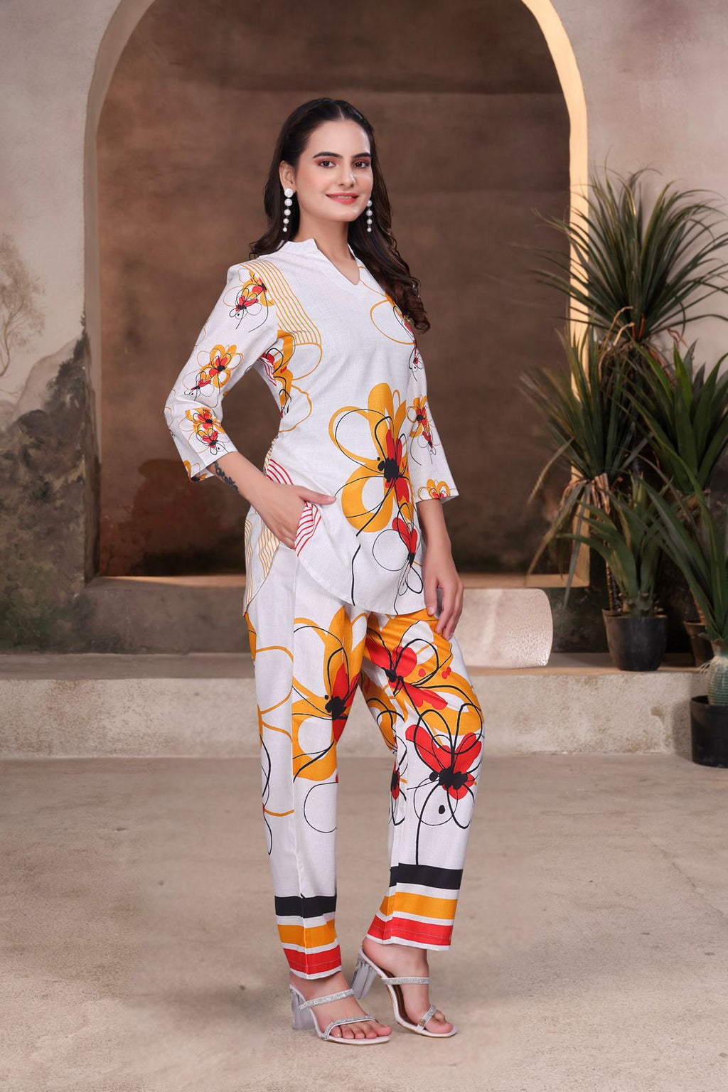 White Graphic Printed Viscose Rayon Co-ord Set for Women
