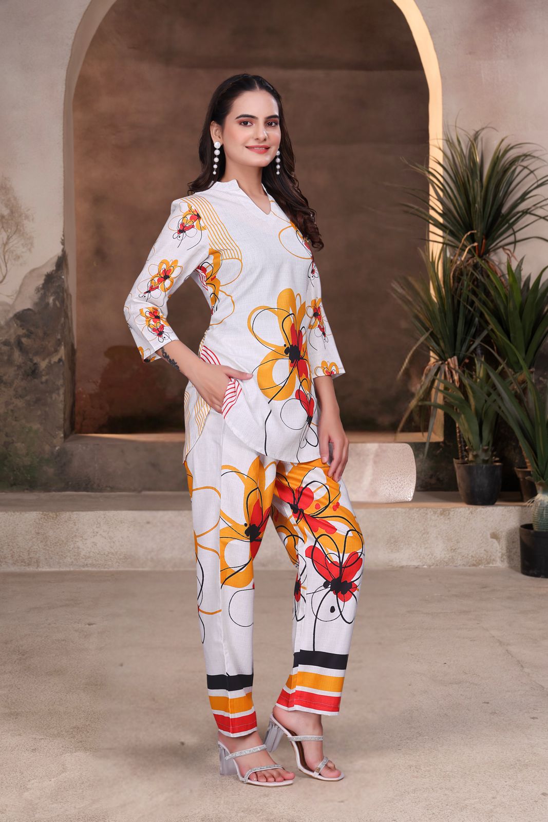 White Graphic Printed Viscose Rayon Co-ord Set for Women