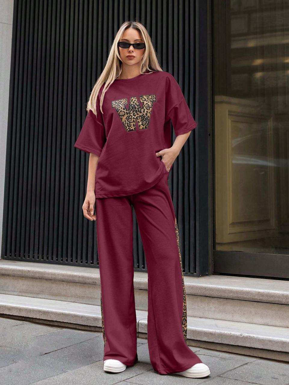 Burgundy Colour Women's Co-Ord Set with Leapord Print