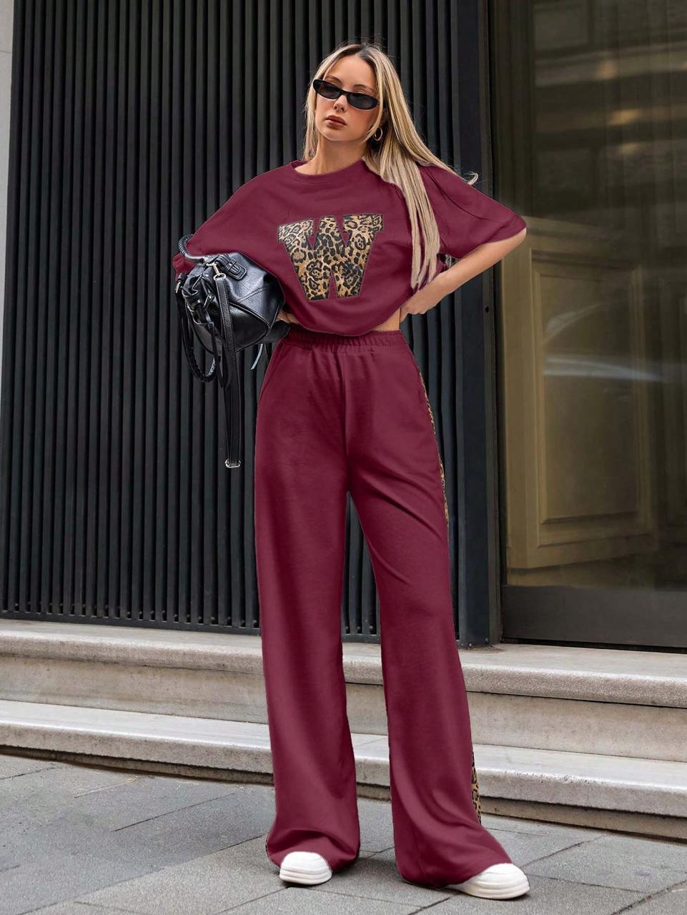 Burgundy Colour Women's Co-Ord Set with Leapord Print