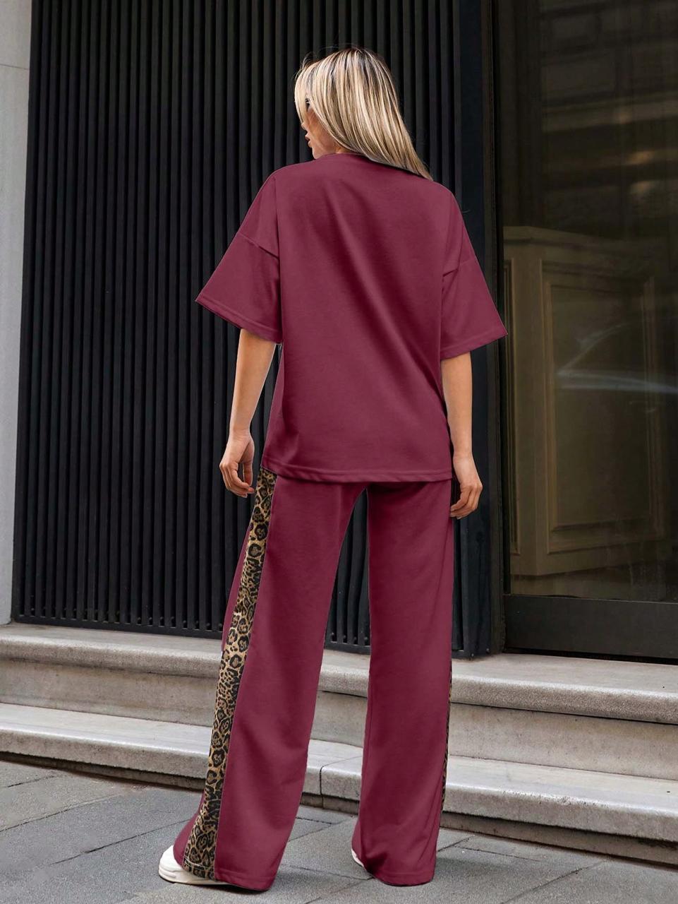 Burgundy Colour Women's Co-Ord Set with Leapord Print