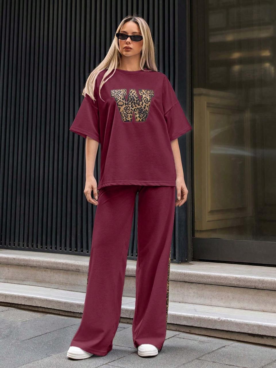 Burgundy Colour Women's Co-Ord Set with Leapord Print