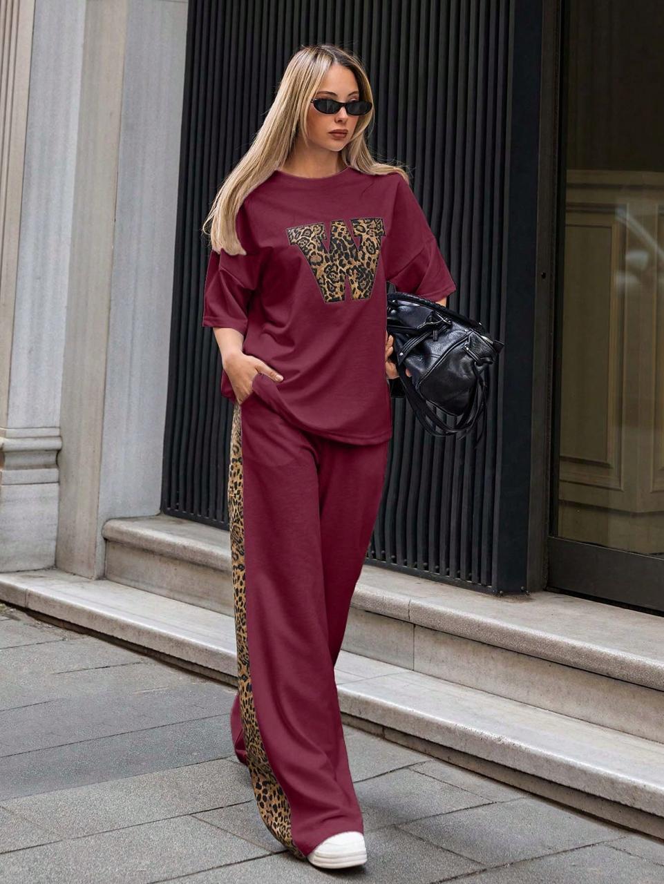 Burgundy Colour Women's Co-Ord Set with Leapord Print