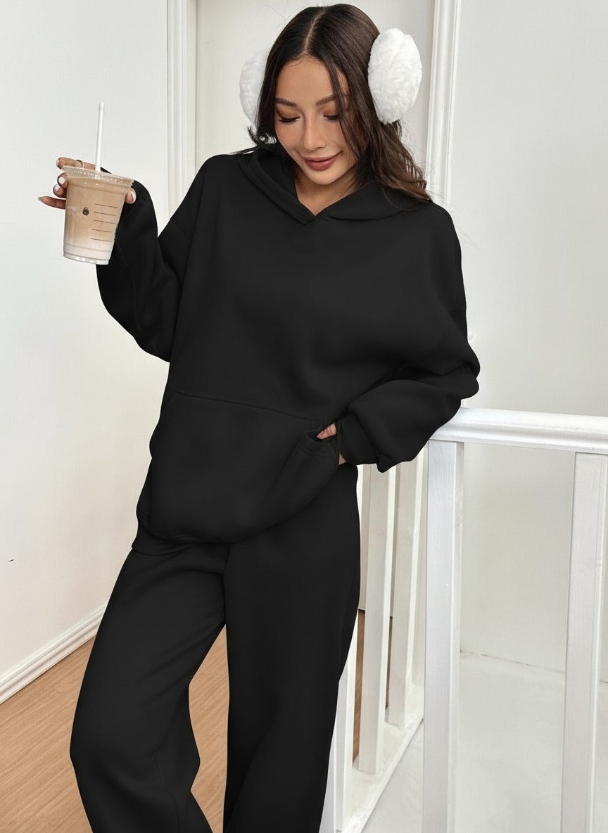 ARENIVA - Deep Black Colour Women's Comfortable Hoodie Co-Ord Set
